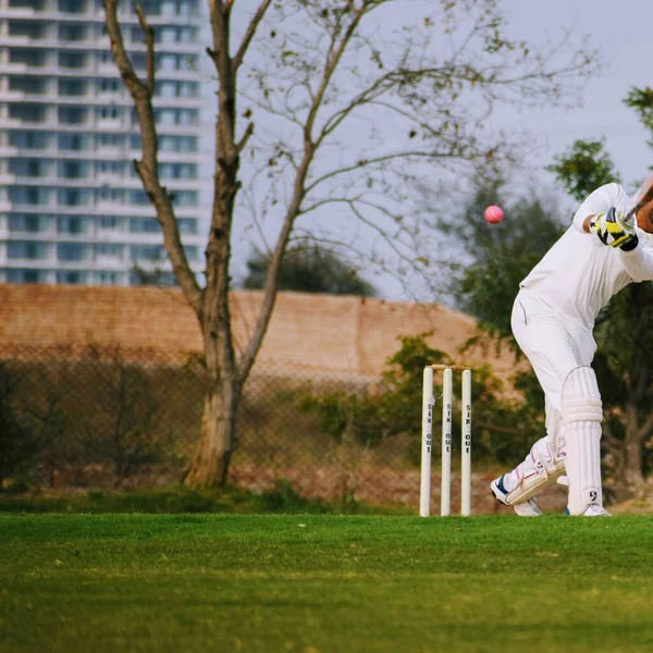 Full length of cricketer playing on field during sunny day, Cricketer on the field in action, Players playing cricket match at field