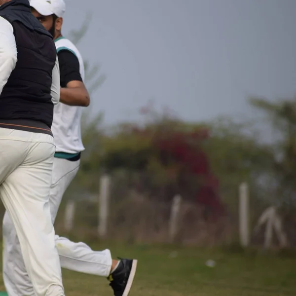 Full length of cricketer playing on field during sunny day, Cricketer on the field in action, Players playing cricket match at field