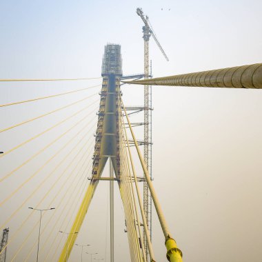 Yeni Delhi 'de Yamuna nehri boyunca inşa edilen imzalı köprünün görüntüsü.