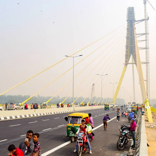 Delhi Inde Septembre 2019 Vue Pont Signature Construction Sur Rivière — Photo