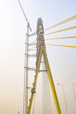 Yeni Delhi 'de Yamuna nehri boyunca inşa edilen imzalı köprünün görüntüsü.