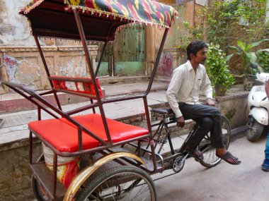 Delhi, Hindistan - 9 Aralık 2019: Chandni Chowk pazarında eski Delhi, Hindistan caddesinde, Rickshaw 'un sokak fotoğrafçılığı sıcağın altında aracı süren bisiklet rickshaw
