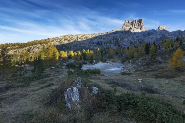 Italian Dolomites Lake Limides Autumn Water Lake Larches Distance Peaks — 스톡 사진