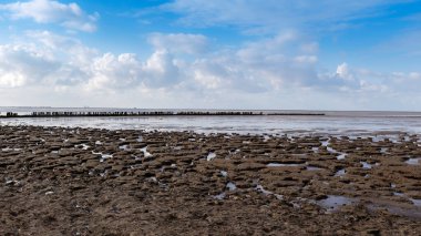 Hollanda - Hindeloopen - Hindeloopen kıyısı, sakin denize giren kayalık bir şeride bağlı beton bir şerit. Sakin denizin yüzeyi güzel beyaz bulutları ve mavi gökyüzünü yansıtır..