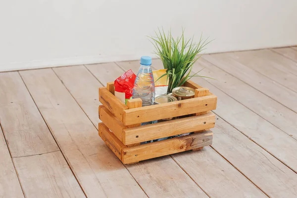 Donation Volunteer Box Various Products Poor Elderly People Wooden Background — Stock Photo, Image