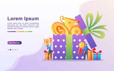 Ödül programı ve hediye konsepti. İnsanlar piyangoyu kazanır, programları nakde çevirir sadık müşteriler için ödüller, cazip teklifler. Web iniş sayfası, afiş, mobil uygulama için kullanılabilir. Vektör İllüstrasyonu