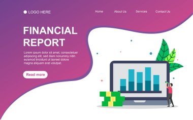 Web İniş Sayfası şablonu, afişi, sunumu, sosyal ve yazılı medya için insanlarla ilgili finansal rapor kavramı. İş düz tasarım vektör çizimi.