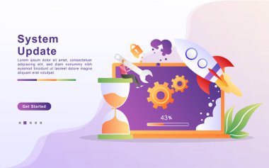 Sistem illüstrasyon kavramı güncelleniyor. Sistem Güncelleme Geliştirme Değiştir Yeni Sürüm yazılımı, veri eşgüdümleme süreci ve kurulum programı. İniş sayfası, afiş, web, pazarlama için düz tasarım.