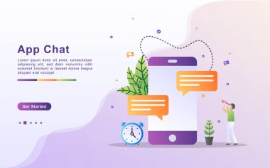 Uygulama sohbet illüstrasyonu. İnternet üzerinden iletişim, sosyal ağ, sohbet, video, haber, mesaj. İniş sayfası, afiş, ağ, şablon, pazarlama için düz tasarım.