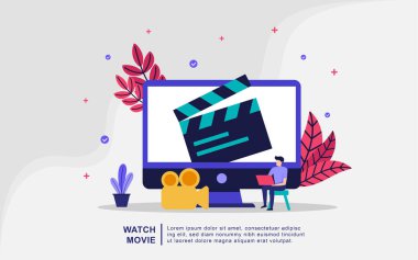 Film illüstrasyonu konseptini izle. Yayınlanan video ve filmler, ev sinema eğlence ağı afişi. Dijital medya internet televizyonu. İniş sayfası, şablon, ui, ağ, mobil uygulama, pankart için kullanılabilir