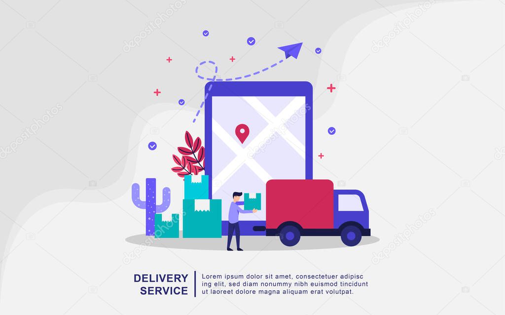 Illustration concept of Delivery service with tiny people. Fast and free delivery, logistic distribution. Flat design concept for landing page, presentation, marketing resource
