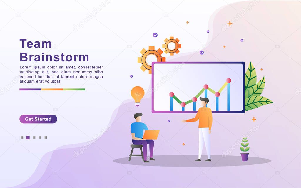 Illustration concept of Team brainstorm. Business team work, the team discuss to solve problems, find solutions for business. Flat design for landing page, banner, web, template, marketing.
