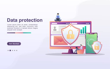 Veri koruma kavramı. İnsanlar veri yönetimini güvence altına alır ve verileri hacker saldırılarından korur. Geri çekil ve önemli verileri kaydet. Web iniş sayfası, afiş, mobil uygulama için kullanılabilir. Vektör İllüstrasyonu