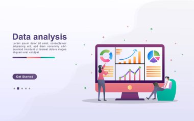 Veri analiz konsepti. İnsanlar harita hareketlerini ve iş gelişimini analiz eder. Veri yönetimi, denetim ve rapor. Web iniş sayfası, afiş, broşür, mobil uygulama için kullanılabilir. Vektör İllüstrasyonu