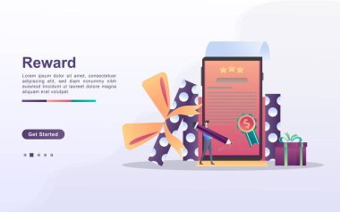 Ödül programı ve hediye konsepti. İnsanlar piyangoyu kazanır, programları nakde çevirir sadık müşteriler için ödüller, cazip teklifler. Web iniş sayfası, afiş, mobil uygulama için kullanılabilir. Vektör İllüstrasyonu