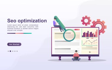 SEO optimizasyon konsepti. SEO pazarlama şirketi, SEO sonuç optimizasyonu, SEO sıralama. Web iniş sayfası, afiş, broşür, mobil uygulama için kullanılabilir. Vektör İllüstrasyonu