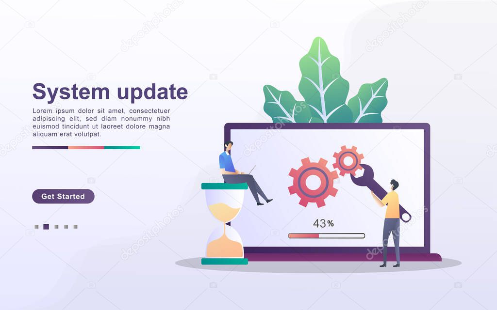 System update concept. The process of upgrading to System Update, replacing newer versions and installing programs. Can use for web landing page, banner, mobile app. Vector Illustration