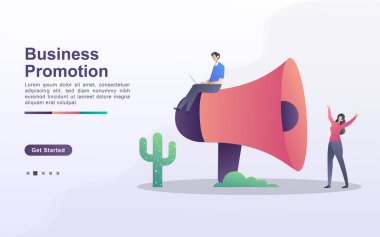 Küçük insanlarla iş tanıtım konsepti. Erkek ve kadın iş adamları işlerini geliştirmek için teşvik ediyorlar..