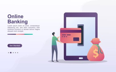 Çevrimiçi Bankacılık illüstrasyon konsepti. İnsanlar çevrimiçi işlemler yapıyor, cep telefonları kullanarak para çekiyor veya yatırıyor.