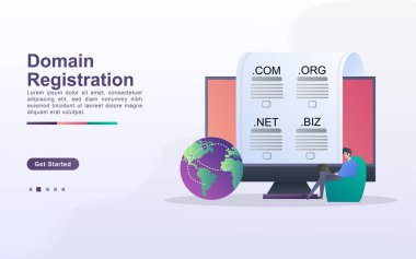 Alan adı kayıt kavramının vektör illüstrasyonu, bir web sitesi alan adının bilgisayar kullanılarak kaydedilmesi kavramı.