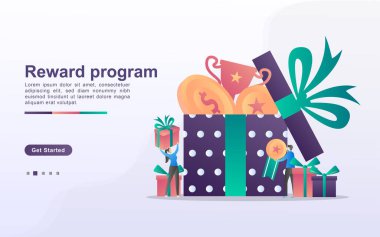 Ödül programı ve hediye konsepti. İnsanlar piyangoyu kazanır, programları nakde çevirir sadık müşteriler için ödüller, cazip teklifler. Web iniş sayfası, afiş, mobil uygulama için kullanılabilir. Vektör İllüstrasyonu