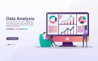 Veri analiz konsepti. İnsanlar harita hareketlerini ve iş gelişimini analiz eder. Veri yönetimi, denetim ve rapor. Web iniş sayfası, afiş, broşür, mobil uygulama için kullanılabilir. Vektör İllüstrasyonu