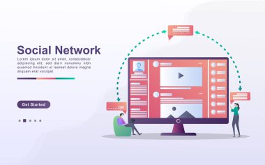 Sosyal ağ konsepti. Erkekler ve kadınlar sosyal medya kullanır. Sosyal medyadan bilgi almak ve sohbet etmek. İletişime geç ve iş teklif et. Web iniş sayfası, afiş, broşür, mobil uygulama için kullanılabilir. Vektör İllüstrasyonu
