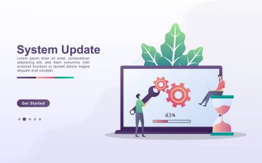 Sistem güncelleme kavramı. Sistem Güncelleme 'ye güncelleme süreci, yeni sürümlerin değiştirilmesi ve programların kurulması. Web iniş sayfası, afiş, mobil uygulama için kullanılabilir. Vektör İllüstrasyonu