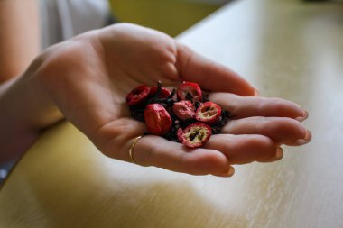Avuçlarında köpek gülü olan siyah ve meyve çayı iyi ışıklandırılmış bir masanın arka planına dayanır..