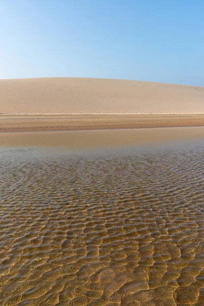2 Eylül 2019 'da Tatajuba, Camocim, Ceara, Brezilya' daki Jericoacoara plajı yakınlarındaki kum tepeleri ve gölcükler