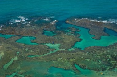 Porto de Galinhas Beach, Ipojuca, Recife, Pernambuco, Brezilya 1 Mart 2014 tarihinde. Pernambuco eyaletinin güneyinde, doğal havuzlarıyla küçük teknelerde dolaşmak için dünyanın dört bir yanından turistleri çeker. Hava görünümü-