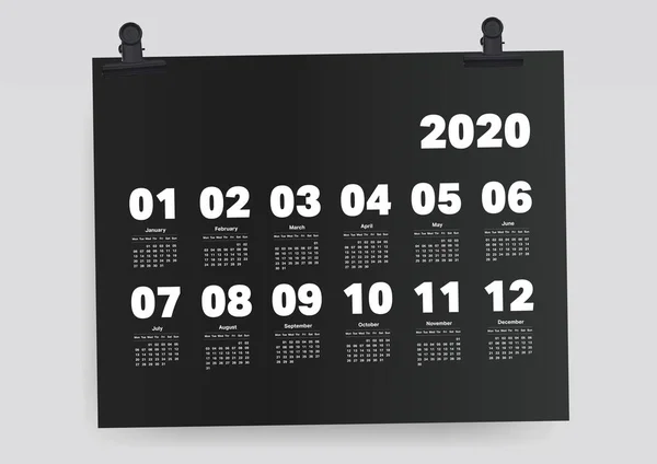 Kalender 2020 Planer auf Schwarzbuch-A4-Vorlage — Stockvektor