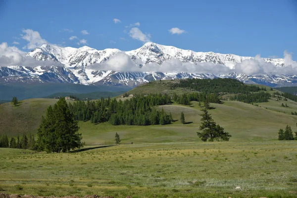 Altai 'deki Kuzey Chuysky tepesinin kar beyazı zirveleri..