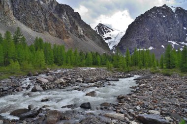Kuzey Chuysky Sıradağları, Altai Dağları. Aktru Nehri 'nin güç kaynakları karları ve buzulları eritiyor..