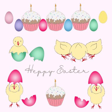 Renkli yumurtalardan çıkan Paskalya tavukları. Paskalya pastaları ve renkli yumurtalar. resim seti