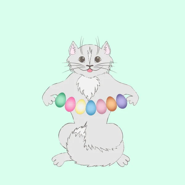 Gato Pascua Hace Malabares Con Huevos Colores — Vector de stock