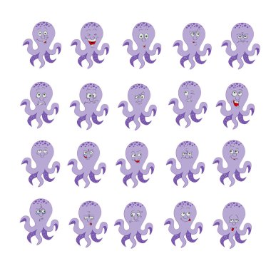 vektör simgeleri kümesi. Duygulu ahtapot. komik vektör ve çizgi film elemanları.
