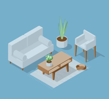 Mobilyalarla birlikte İskandinavya 'nın iç kısımlarında çok az izometrik bileşim var. Norveç oturma odası tasarımı. Rahat, rahat bir ev. Koltuk, sandalye, sehpa, ev bitkisi, kedi. Vektör illüstrasyonu.