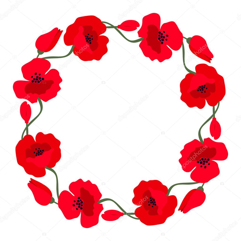 Wreath with red poppies isolated on a white background. Vector illustration.