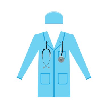 Düz tıp ikonu tıbbi önlük, tıbbi başlık ve steteskop beyaz arka planda izole edilmiş. Tasarım elemanları. Vektör illüstrasyonu.