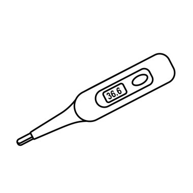 Tıbbi vücut elektronik termometrenin çizgi hekimliği simgesi beyaz arka planda izole edilmiş. Minimalist tasarım elemanı. Vektör illüstrasyonu.