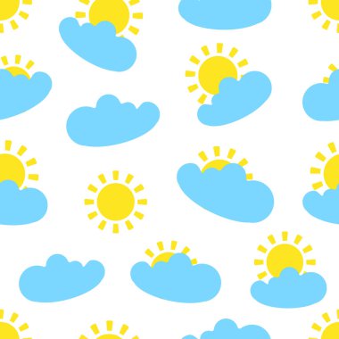 Mavi bulutlu kusursuz desen ve beyaz sonsuz arka planda güneş. Modern şirin tasarım. Kumaş, ambalaj kağıtları, duvar kağıtları, kapaklar, yazlık giysiler. Yaratıcı vektör illüstrasyonu