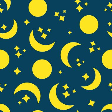 Parlak yıldızlı kusursuz desen ve gece mavisi gökyüzünde ay. Sonsuz özgeçmiş. Modern tasarım. Kumaş, ambalaj kağıtları, duvar kağıtları, kapaklar, yazlık giysiler. Yaratıcı vektör illüstrasyonu