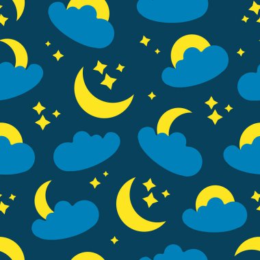 Bulutlar, yıldızlar ve ay, gece mavisi gökyüzünde kusursuz desen. Sonsuz özgeçmiş. Modern tasarım. Kumaş, ambalaj kağıtları, duvar kağıtları, kapaklar, yazlık giysiler. Yaratıcı vektör illüstrasyonu