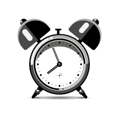 Yatak odasındaki alarm saatinin gölgesi beyaz arka planda. Kalkma vakti. Modern düz tasarım tarzı. Tek renkli vektör illüstrasyonu. 