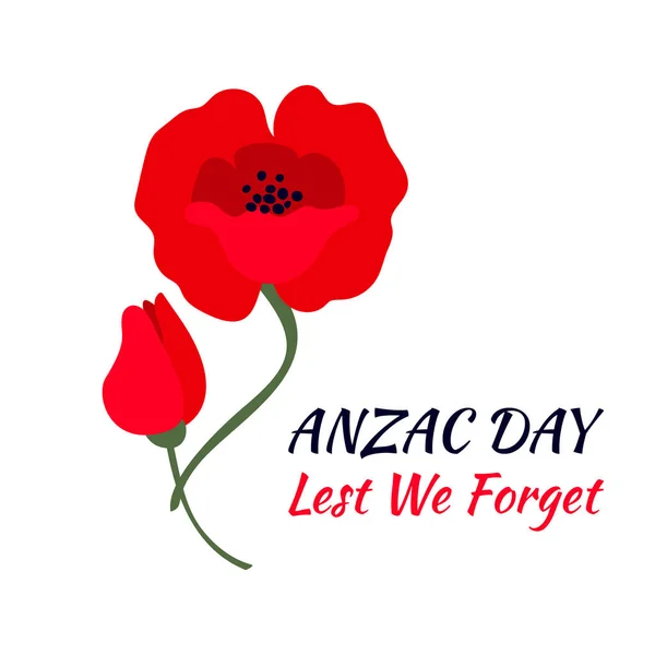 Vector illustration of a bright red poppy flower. Symbol of International Day of Remembrance.  Anzac day concept. Lest we forget text. Isolated on white background.