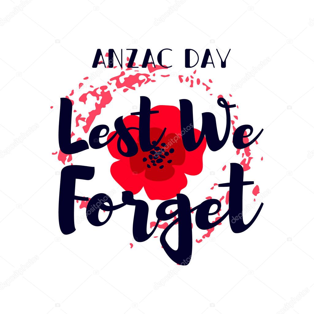 A bright red poppy flower. International Day of Remembrance concept. Anzac day symbol. Lest we forget text. Isolated on white background. Vector illustration.