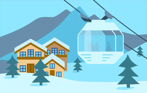 スノーホテル付きの冬の雪の山スキーリゾート パノラマの背景 ロープウェイの車 空中リフト アルプス モミの木や山 平面図ベクトル図 — ストックベクタ
