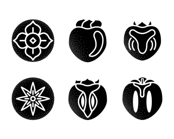 Conjunto Caqui Negro Con Estilo Iconos Frutas Kaki Aislados Sobre — Vector de stock