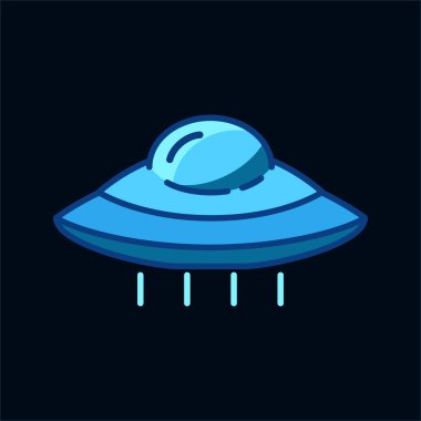 Mavi uçan Ufo simgesi siyah arkaplanda izole edildi. Uzaylı uzay gemisi. Gelecekteki bilinmeyen uçan nesne. Uzay gemisi vektör çizimi. Dünya UFO günü tasarımı. Düz biçim.